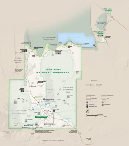 Official Visitor Map of Lava Beds National Monument (NM) in California. Published by the National Park Service (NPS).