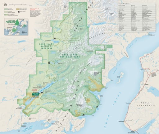 Official visitor map of Lake Clark National Park & Preserve (NP & PRES) in Alaska. Published by the National Park Service (NPS).