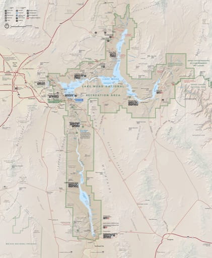 Official visitor map of Lake Mead National Recreation Area (NRA) in Arizona and Nevada. Published by the National Park Service (NPS).