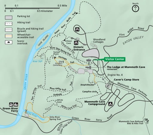 Detail of the official visitor map of Mammoth Cave National Park (NP) in Kentucky. Published by the National Park Service (NPS).