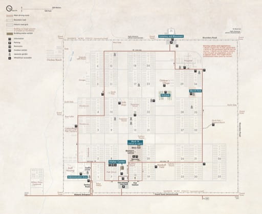 Official visitor map of Manzanar National Historic Site (NHS) in California. Published by the National Park Service (NPS).