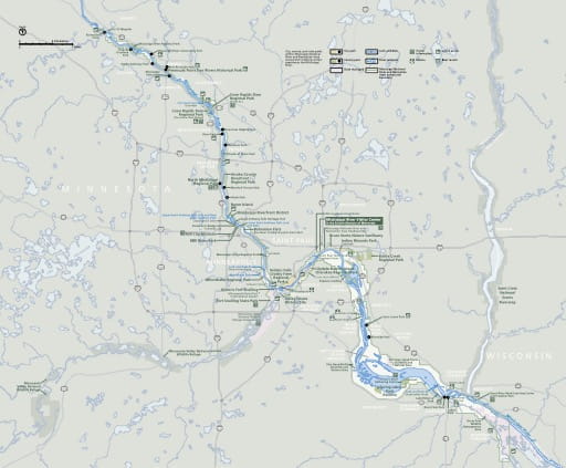 Official visitor map of Mississippi National River & Recreation Area (NR & NRA) in Minnesota. Published by the National Park Service (NPS).