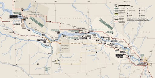 Official visitor map of Missouri National Recreational River (NRR) in South Dakota and Nebraska. Published by the National Park Service (NPS).