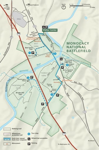 Official Visitor Map of Monocacy National Battlefield (NB) in Maryland. Published by the National Park Service (NPS).