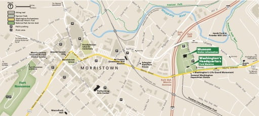 Detail of the official visitor map of Morristown National Historical Park (NHP) in New Jersey. Published by the National Park Service (NPS).