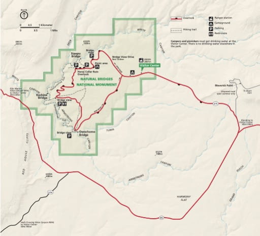 Official visitor map of Natural Bridges National Monument (NM) in Utah. Published by the National Park Service (NPS).
