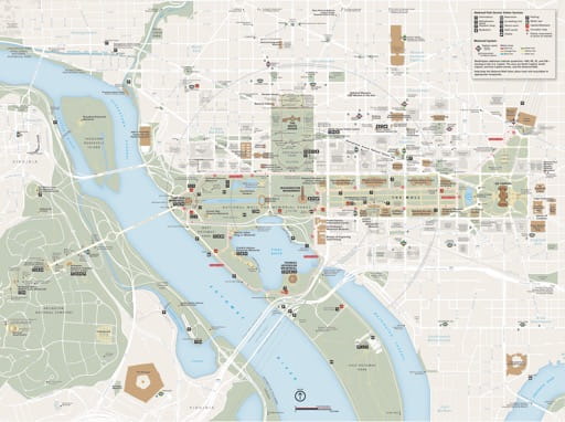 Official visitor map of National Mall and Memorial Parks in Washington D.C. Published by the National Park Service (NPS).