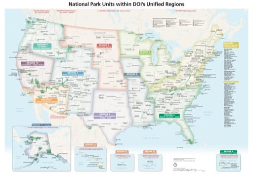 Map of the U.S. National Park System with Unified Regions. Published by the National Park Service (NPS).