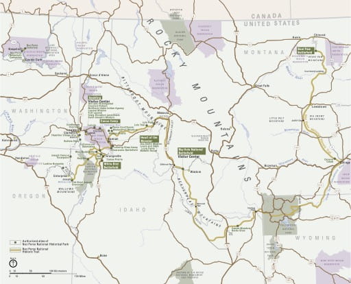 Official visitor map of Nez Perce National Historical Park (NHP) in Idaho, Montana, Oregon and Washington. Published by the National Park Service (NPS).