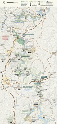 Official Visitor Map of New River Gorge National Park & Preserve (NP&Pres) in West Virginia. Published by the U.S. National Park Service (NPS).