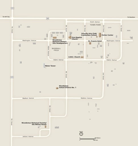 Official visitor map of Nicodemus National Historic Site (NHS) in Kansas. Published by the National Park Service (NPS).