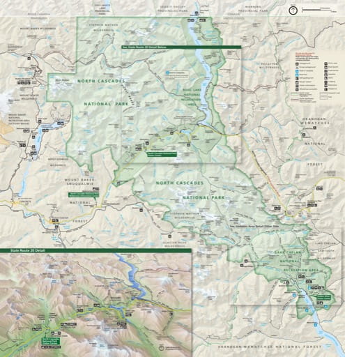 Official visitor map of North Cascades National Park (NP) in Washington. Published by the National Park Service (NPS).