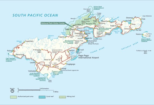Detail of Tutuila Island of the official visitor map of National Park of American Samoa (NP). Published by the National Park Service (NPS).