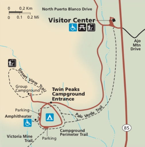 Detail of the official visitor map of Organ Pipe Cactus National Monument (NM) in Arizona. Published by the National Park Service (NPS).