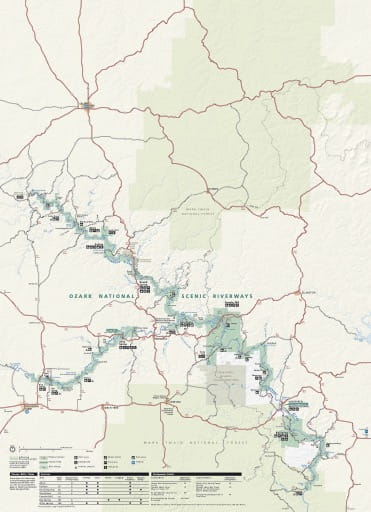 Official visitor map of Ozark National Scenic Riverways (NSR) in Missouri. Published by the National Park Service (NPS).