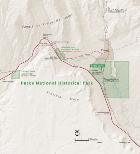 Official Visitor Map of Pecos National Historical Park (NHP) in New Mexico. Published by the National Park Service (NPS).