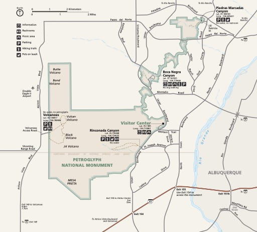Official visitor map of Petroglyph National Monument (NM) in New Mexico. Published by the National Park Service (NPS).