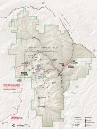 Official visitor map of Pinnacles National Park (NP) in California. Published by the National Park Service (NPS).