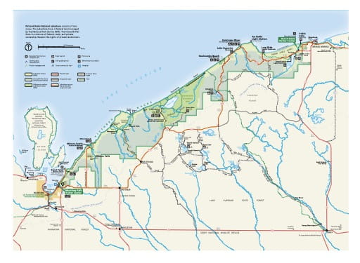 Official visitor map of Pictured Rocks National Lakeshore (NLS) in Michigan. Published by the National Park Service (NPS).