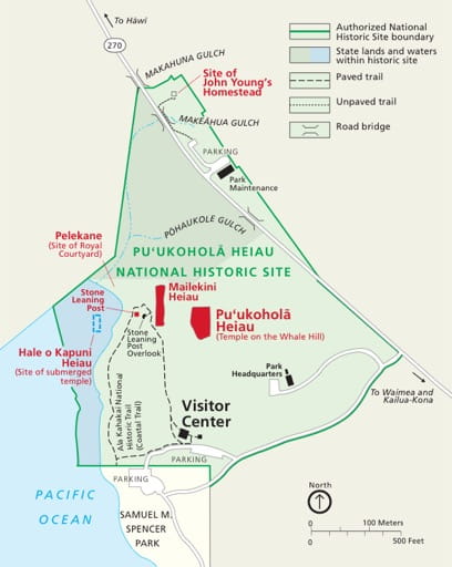 Official visitor map of Puʻukoholā Heiau National Historic Site (NHS) in Hawaiʻi. Published by the National Park Service (NPS).