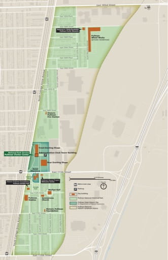 Official visitor map of Pullman National Monument (NM) in Illinois. Published by the National Park Service (NPS).