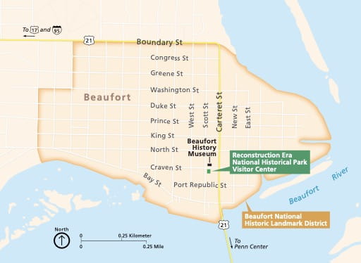 Official Visitor Map of the Beaufort National Historic Landmark District (NHLD) at Reconstruction Era National Historical Park (NHP) in South Carolina. Published by the National Park Service (NPS).