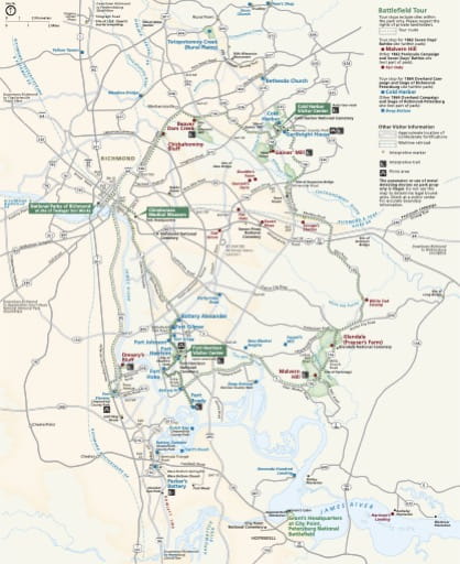 Official visitor map of Richmond National Battlefield Park (NBP) in Virginia. Published by the National Park Service (NPS).