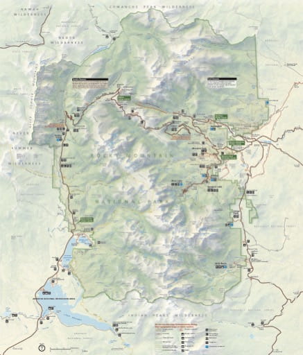 Official visitor map of Rocky Mountain National Park (NP) in Colorado. Published by the National Park Service (NPS).