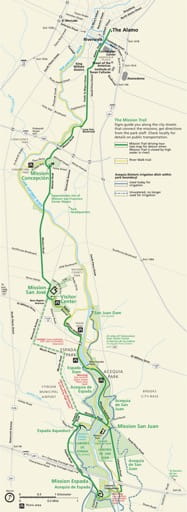 Official visitor map of San Antonio Missions National Historical Park (NHP) in Texas. Published by the National Park Service (NPS).