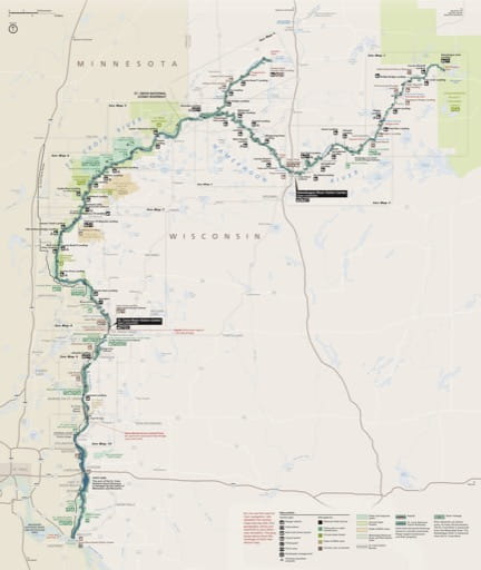Official visitor map of Saint Croix National Scenic Riverway (NSR) in Wisconsin and Minnesota. Published by the National Park Service (NPS).