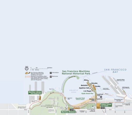 Official visitor map of San Francisco Maritime National Historical Park (NHP) in California. Published by the National Park Service (NPS).