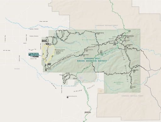 Official visitor map of the Eastern unit of Saguaro National Park (NP) in Arizona. Published by the National Park Service (NPS).