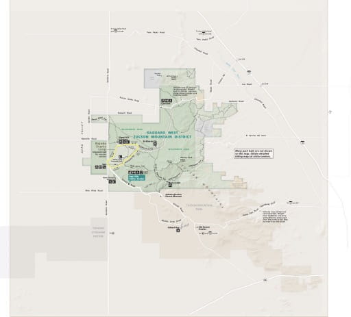 Official visitor map of the Western unit of Saguaro National Park (NP) in Arizona. Published by the National Park Service (NPS).