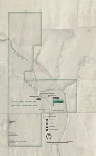 Official Visitor Map of Sand Creek Massacre National Historic Site (NHS) in Colorado. Published by the National Park Service (NPS).