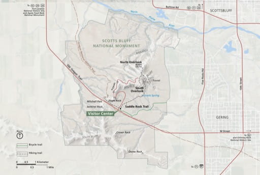 Official visitor map of Scotts Bluff National Monument (NM) in Nebraska. Published by the National Park Service (NPS).