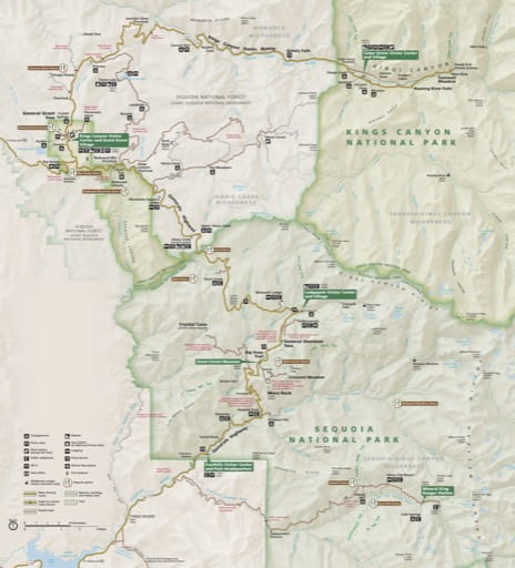 Detail of the official visitor map of Sequoia National Park (NP) and Kings Canyon National Park (NP) in California. Published by the National Park Service (NPS).