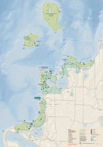 Official Visitor Map of Sleeping Bear Dunes (NLS) in Michigan. Published by the National Park Service (NPS).