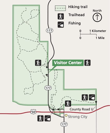 Official visitor map of Tallgrass Prairie National Preserve (NPRES) in Kansas. Published by the National Park Service (NPS).