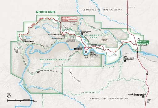 Official Visitor Map of the North Unit of Theodore Roosevelt National Park (NP) in North Dakota. Published by the U.S. National Park Service (NPS).