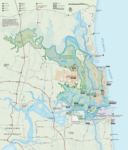 Official visitor map of Timucuan Ecological & Historic Preserve (EHPRES) in Florida. Published by the National Park Service (NPS).