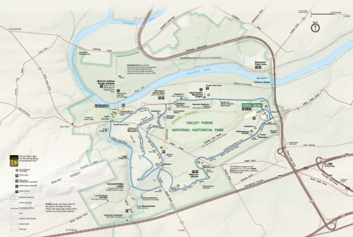 Official visitor map of Valley Forge National Historical Park (NHP) in Pennsylvania. Published by the National Park Service (NPS).