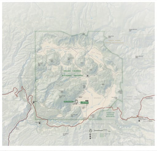 Official visitor map of Valles Caldera National Preserve (NPRES) in New Mexico. Published by the National Park Service (NPS).