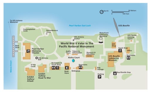 Official visitor map of Pearl Harbor National Memorial (NMEM) in Hawaiʻi. Published by the National Park Service (NPS).