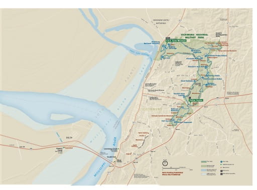 Official visitor map of Vicksburg National Military Park (NMP) in Mississippi and Louisiana. Published by the National Park Service (NPS).