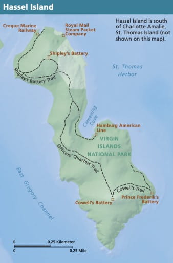 Official Visitor Map to Hassel Island at Virgin Islands National Park (NP) on Virgin Islands. Published by the National Park Service (NPS).