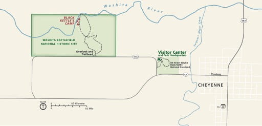 Official visitor map of Washita Battlefield National Historic Site (NHS) in Oklahoma. Published by the National Park Service (NPS).