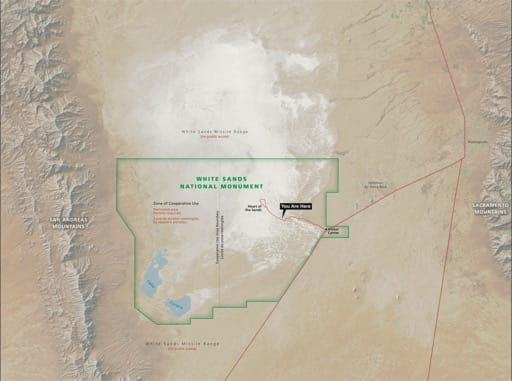 Official visitor map of White Sands National Park (NP) in New Mexico. Published by the National Park Service (NPS).