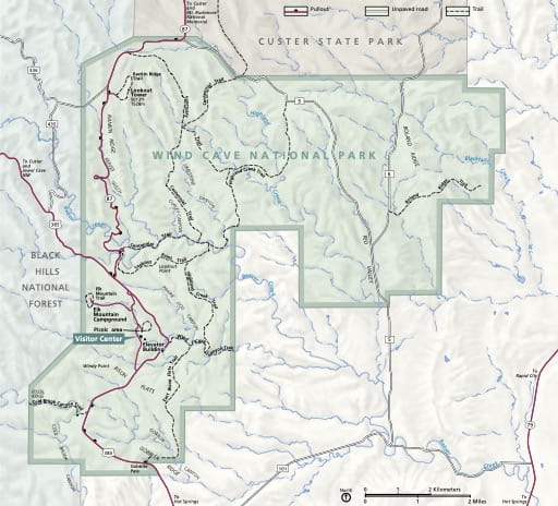 Official visitor map of Wind Cave National Park (NP) in South Dakota. Published by the National Park Service (NPS).