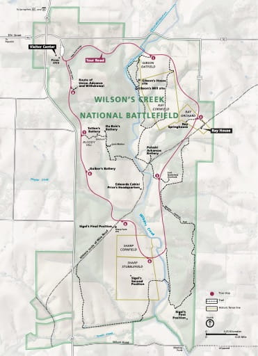 Official visitor map of Wilson's Creek National Battlefield (NB) in Missouri. Published by the National Park Service (NPS).