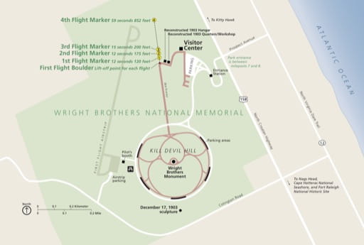 Official visitor map of Wright Brothers National Memorial (NMEM) in North Carolina. Published by the National Park Service (NPS).